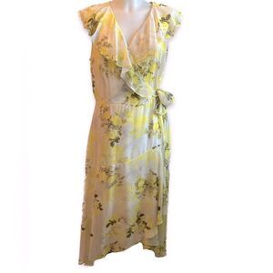 Calvin Klein Women's Sleeveless Ruffled V-Neck Faux Wrap Floral Dress - Size 14